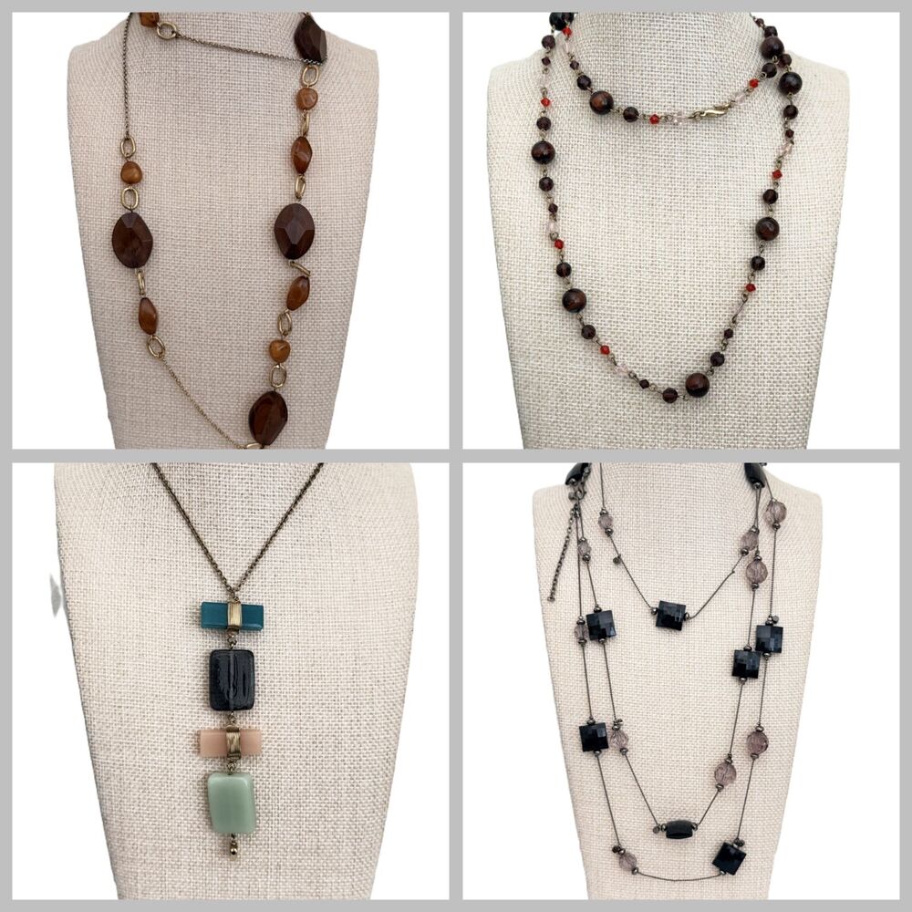Lot of 4 Womens Long Beaded Necklaces Amber Crystal Geometric Layered Boho Vers